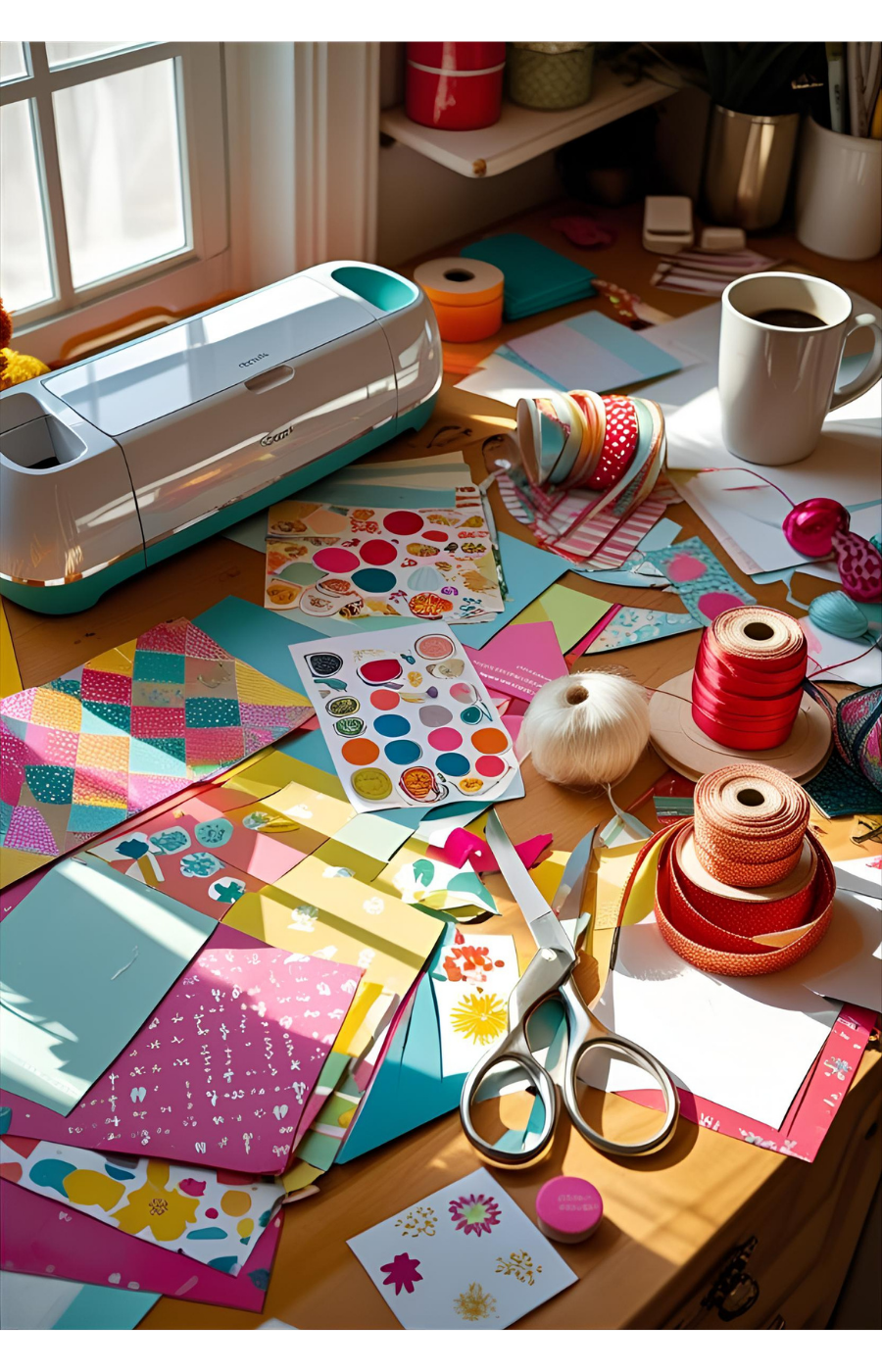 messy craft table with Cricut machine, paper, and stickers